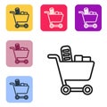 Black line Shopping cart and food icon isolated on white background. Food store, supermarket. Set icons in color square Royalty Free Stock Photo