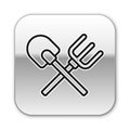 Black line Shovel and rake icon isolated on white background. Tool for horticulture, agriculture, gardening, farming Royalty Free Stock Photo