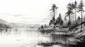 Black And White Digital Illustration Lake With Forest And Pine Trees Royalty Free Stock Photo