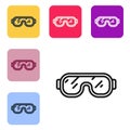 Black line Ski goggles icon isolated on white background. Extreme sport. Sport equipment. Set icons in color square Royalty Free Stock Photo