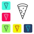 Black line Slice of pizza icon isolated on white background. Fast food menu. Set icons in color square buttons. Vector Royalty Free Stock Photo