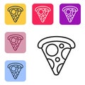 Black line Slice of pizza icon isolated on white background. Fast food menu. Set icons in color square buttons. Vector Royalty Free Stock Photo