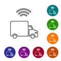 Black line Smart delivery cargo truck vehicle with wireless connection icon isolated on white background. Set icons in Royalty Free Stock Photo