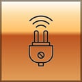 Black line Smart electric plug system icon isolated on gold background. Internet of things concept with wireless Royalty Free Stock Photo