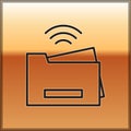 Black line Smart printer system icon isolated on gold background. Internet of things concept with wireless connection