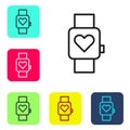 Black line Smart watch showing heart beat rate icon isolated on white background. Fitness App concept. Set icons in Royalty Free Stock Photo