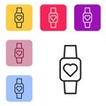 Black line Smart watch showing heart beat rate icon isolated on white background. Fitness App concept. Set icons in Royalty Free Stock Photo