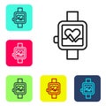 Black line Smart watch showing heart beat rate icon isolated on white background. Fitness App concept. Set icons in Royalty Free Stock Photo