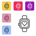 Black line Smart watch showing heart beat rate icon isolated on white background. Fitness App concept. Set icons in Royalty Free Stock Photo