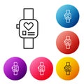 Black line Smart watch showing heart beat rate icon isolated on white background. Fitness App concept. Set icons Royalty Free Stock Photo