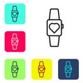 Black line Smartwatch icon isolated on white background. Set icons in color square buttons. Vector Royalty Free Stock Photo