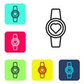 Black line Smartwatch icon isolated on white background. Set icons in color square buttons. Vector Royalty Free Stock Photo