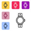 Black line Smartwatch icon isolated on white background. Set icons in color square buttons. Vector Royalty Free Stock Photo