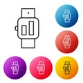 Black line Smartwatch icon isolated on white background. Set icons colorful circle buttons. Vector Royalty Free Stock Photo