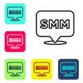 Black line SMM icon isolated on white background. Social media marketing, analysis, advertising strategy development. Set icons in Royalty Free Stock Photo