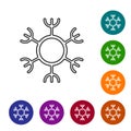 Black line Snowflake icon isolated on white background. Set icons in color circle buttons. Vector Royalty Free Stock Photo