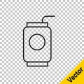 Black line Soda can with drinking straw icon isolated on transparent background. Vector Illustration