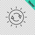 Black line Solar energy panel icon isolated on transparent background. Sun with lightning symbol. Vector Royalty Free Stock Photo