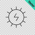 Black line Solar energy panel icon isolated on transparent background. Sun with lightning symbol. Vector Royalty Free Stock Photo