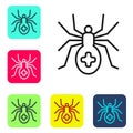 Black line Spider icon isolated on white background. Happy Halloween party. Set icons in color square buttons. Vector Royalty Free Stock Photo