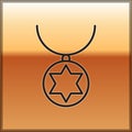 Black line Star of David necklace on chain icon isolated on gold background. Jewish religion. Symbol of Israel Royalty Free Stock Photo