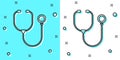 Black line Stethoscope medical instrument icon isolated on green and white background. Random dynamic shapes. Vector Royalty Free Stock Photo