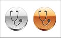 Black line Stethoscope medical instrument icon isolated on white background. Silver-gold circle button. Vector Royalty Free Stock Photo