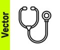 Black line Stethoscope medical instrument icon isolated on white background. Vector Royalty Free Stock Photo