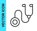 Black line Stethoscope medical instrument icon isolated on white background. Vector Royalty Free Stock Photo