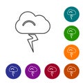 Black line Storm icon isolated on white background. Cloud and lightning sign. Weather icon of storm. Set icons in color Royalty Free Stock Photo