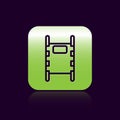 Black line Stretcher icon isolated on black background. Patient hospital medical stretcher. Green square button. Vector