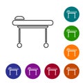 Black line Stretcher icon isolated on white background. Patient hospital medical stretcher. Set icons in color circle