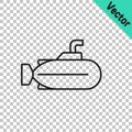 Black line Submarine icon isolated on transparent background. Military ship. Vector