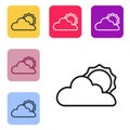 Black line Sun and cloud weather icon isolated on white background. Set icons in color square buttons. Vector Royalty Free Stock Photo