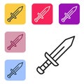 Black line Sword icon isolated on white background. Medieval weapon. Set icons in color square buttons. Vector Royalty Free Stock Photo
