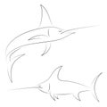 Black line swordfish on white background. Hand drawing vector graphic fish. Sketch style. Animal illustration