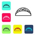 Black line Taco with tortilla icon isolated on white background. Traditional mexican fast food menu. Set icons in color Royalty Free Stock Photo