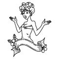 black line tattoo of a pinup girl in towel with banner
