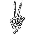 black line tattoo of a skeleton hand giving a peace sign