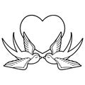 black line tattoo of a swallows and a heart