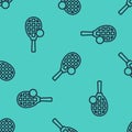 Black line Tennis racket with ball icon isolated seamless pattern on green background. Sport equipment. Vector Royalty Free Stock Photo