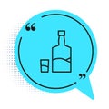 Black line Tequila bottle and shot glass icon isolated on white background. Mexican alcohol drink. Blue speech bubble Royalty Free Stock Photo