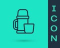 Black line Thermos container and cup icon isolated on green background. Thermo flask icon. Camping and hiking equipment Royalty Free Stock Photo