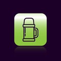 Black line Thermos container icon isolated on black background. Thermo flask icon. Camping and hiking equipment. Green Royalty Free Stock Photo