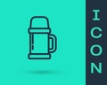 Black line Thermos container icon isolated on green background. Thermo flask icon. Camping and hiking equipment. Vector Royalty Free Stock Photo