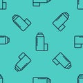 Black line Thermos container icon isolated seamless pattern on green background. Thermo flask icon. Camping and hiking equipment. Royalty Free Stock Photo