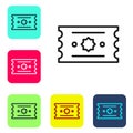 Black line Ticket icon isolated on white background. Amusement park. Set icons in color square buttons. Vector Royalty Free Stock Photo