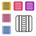 Black line Tire track icon isolated on white background. Set icons in color square buttons. Vector Royalty Free Stock Photo
