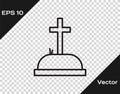 Black line Tombstone with cross icon isolated on transparent background. Grave icon. Vector Illustration