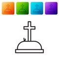 Black line Tombstone with cross icon isolated on white background. Grave icon. Set icons in color square buttons. Vector